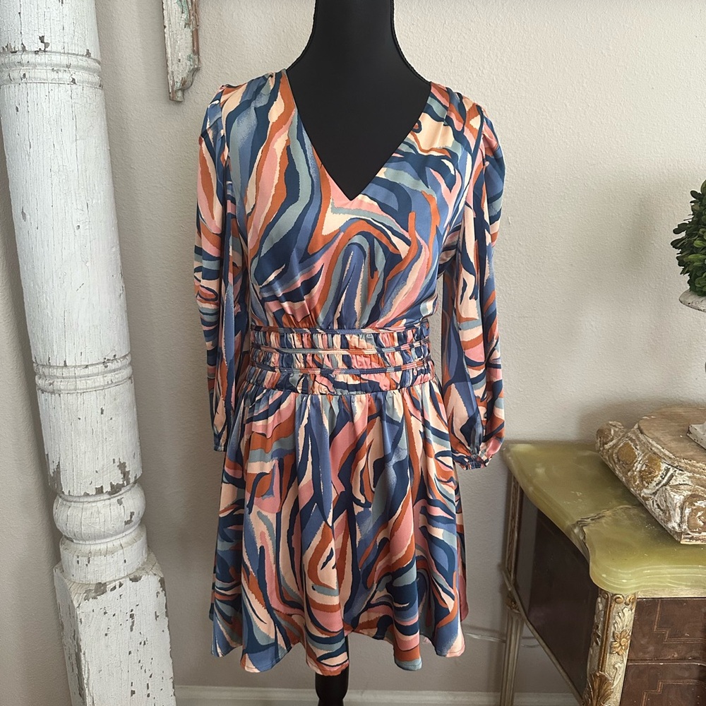 TCEC Orange and Blue V-Neck Sundress with Bishop Sleeves